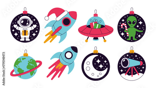 Celestial Ornaments: Festive cosmic ornaments featuring diverse space-themed elements, ready to decorate any holiday gathering with an otherworldly touch. 