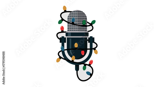 Festive Mic: A studio microphone is elegantly adorned with a string of colorful holiday lights. It's a joyful illustration symbolizing music production, broadcasting, and festive seasons.