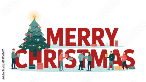 Festive Merry Christmas Greeting:  A festive arrangement featuring the words Merry Christmas, a decorated Christmas tree, and several individuals exchanging gifts, creating a joyful seasonal message.