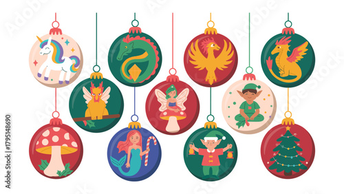 Magical Ornaments of Whimsy: A collection of exquisitely designed ornaments, each bearing a unique illustration of mythical creatures and whimsical characters.