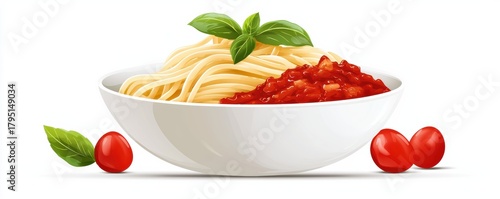  delicious bowl of spaghetti topped with vibrant tomato sauce, garnished with fresh basil leaves and accompanied by cherry tomatoes.