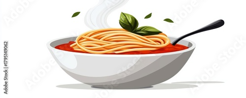  steaming bowl of spaghetti topped with fresh basil leaves, served with a fork, showcasing a delicious Italian dish.