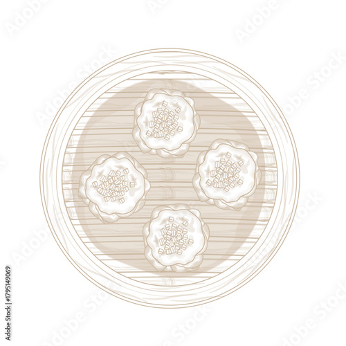 Vector Illustration Logo Line art Top View Siu Mai Shumai on a Bamboo Steamed