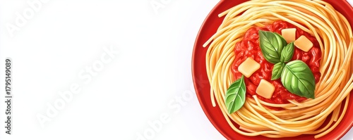 vibrant plate of spaghetti topped with tomato sauce, cheese cubes, and fresh basil leaves, presented on a red dish against a plain white background.