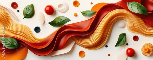 vibrant, abstract design featuring flowing shapes, red and orange colors, and green leaves, evoking a sense of movement and freshness.