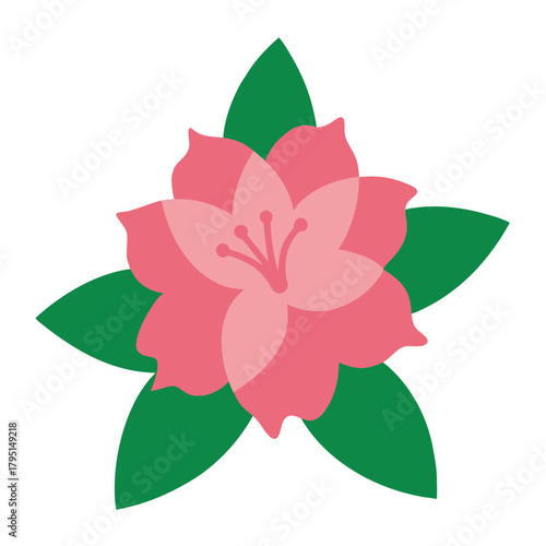 Stylized pink flower illustration with green leaves blooming brightly in spring
