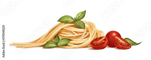  delicious illustration featuring spaghetti, fresh tomatoes, and basil leaves, capturing the essence of Italian cuisine.