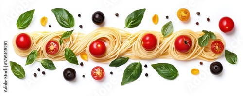  vibrant arrangement of spaghetti, fresh tomatoes, and basil leaves, creating a delicious and visually appealing dish.