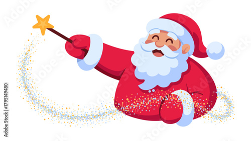 Magical Santa Claus: A cheerful Santa Claus figure, radiating joy as he casts a sparkling spell with a whimsical star wand. Illustrating the magic and anticipation of the holiday season. 