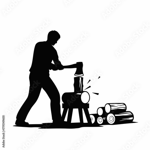 vector silhouette of a person chopping firewood