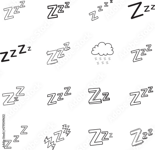 Zzz Sleep doodle line art collection. Includes line art symbols sleep, snore, tired, dream, nap and more. Isolated doodles. Zzz doodle set. Minimalist doodles pack.