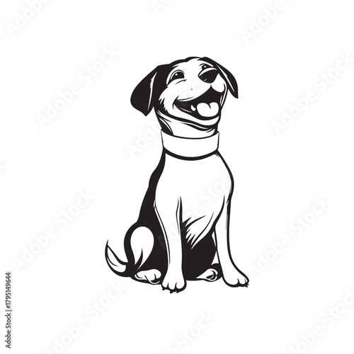 Vector illustration of a sketch of a dog with a collar around its neck and its tongue sticking out happily.