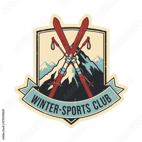 Vintage Winter Sports Club emblem with crossed skis and mountains.