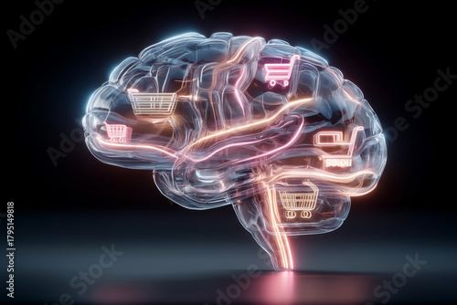 Digital brain structure with shopping icons blending creativity and commerce