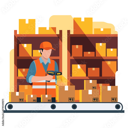 Warehouse worker scanning a package on a conveyor belt.