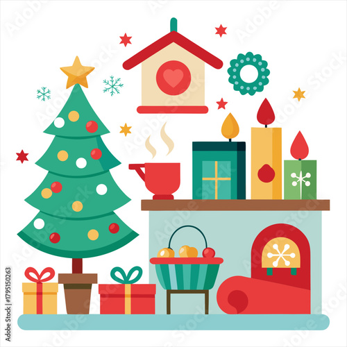 Cozy christmas scene with decorated tree candles gifts and warm drink