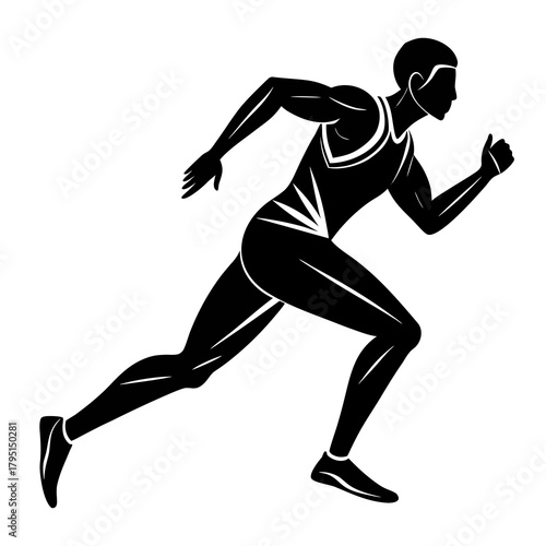 Dynamic silhouette of a male athlete in mid sprint action on a white background