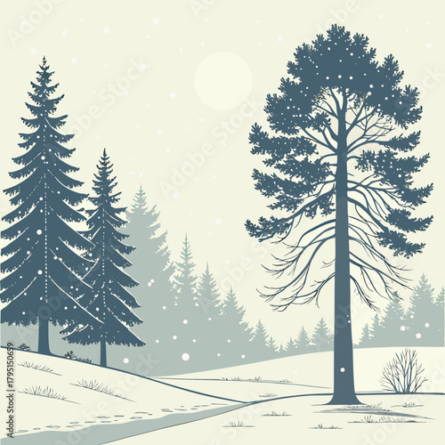 A tranquil winter landscape showcases majestic pine trees and a tall tree under a soft sun, with gentle snowfall creating a serene and picturesque scene