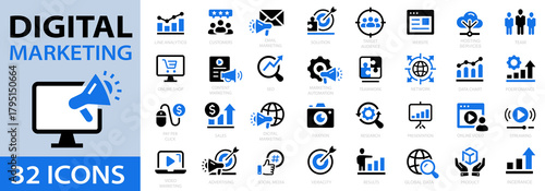 Digital marketing 32 icon set. Social, networks, feedback, communication, marketing, e-commerce. Vector illustration.