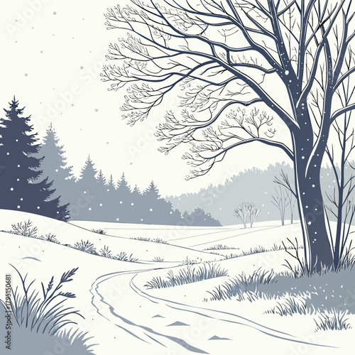 A serene winter landscape unfolds with a snowcovered path winding through rolling hills, flanked by bare trees and distant evergreens, all rendered in a muted, monochromatic palette