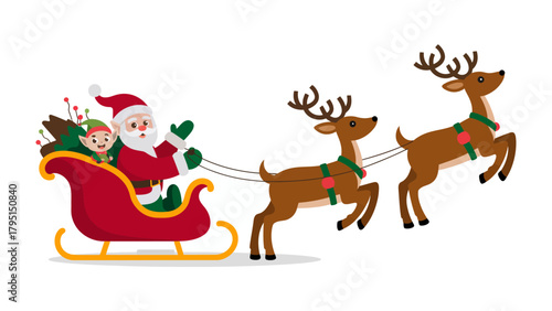 Holiday Journey: Santa and his elf embark on a sleigh ride pulled by two reindeer, bringing festive cheer and spreading holiday spirit