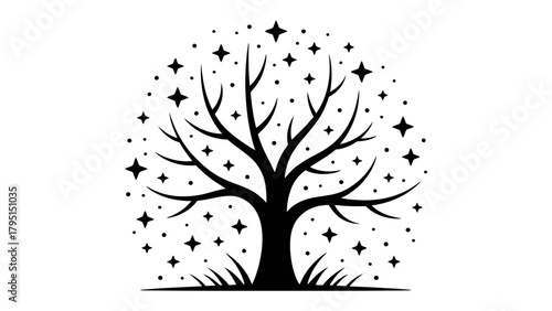 Mystic Tree: A serene illustration of a tree silhouette, surrounded by a starry spectacle, embodying the magical essence of nature. 