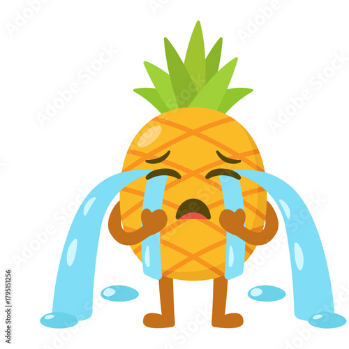 Crying Pineapple Cartoon Character With Tears Flat Illustration