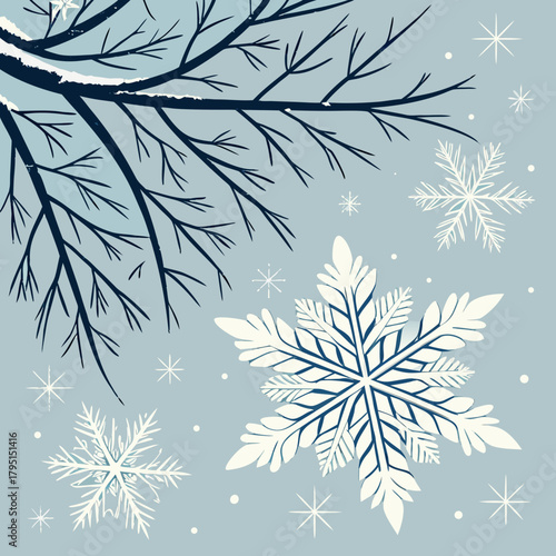 A picturesque winter scene featuring bare tree branches adorned with snow and delicate snowflakes, capturing the serene beauty of the season and the intricate details of nature