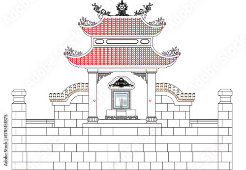 Vector sketch illustration silhouette design image of tomb building with Vietnamese characteristics with classic vintage ethnic traditional details