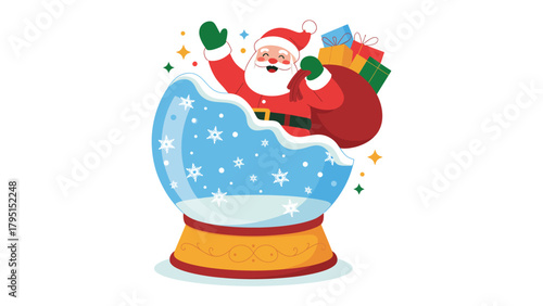 Festive Santa in Snow Globe: An illustration capturing the cheerful spirit of the festive season, with Santa Claus riding a snow globe, carrying a bag of gifts, and spreading holiday cheer.