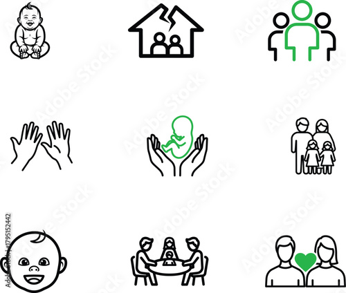 Family life icons displaying various stages and relationships offering diverse depictions of family dynamics and crucial life events featuring minimalistic line art