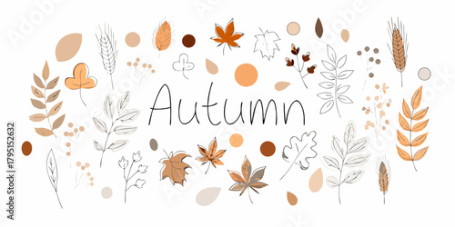 Hand drawn autumn leaves and branches with the word autumn in the center on a white background