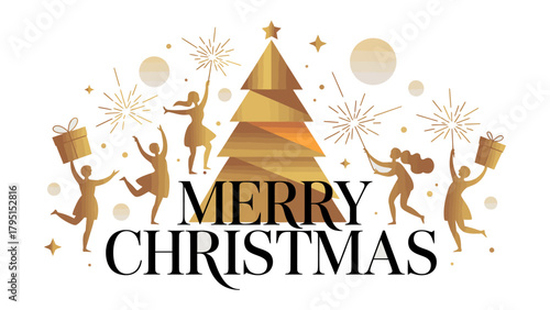 Joyful Christmas Celebration: A festive illustration embodies the essence of Christmas, with silhouetted figures reveling around a dazzling Christmas tree.