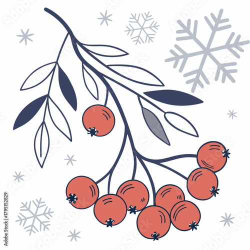 A delicate winter scene featuring rowan berries and snowflakes, , capturing the serene beauty of the season and the charm of natures artistry