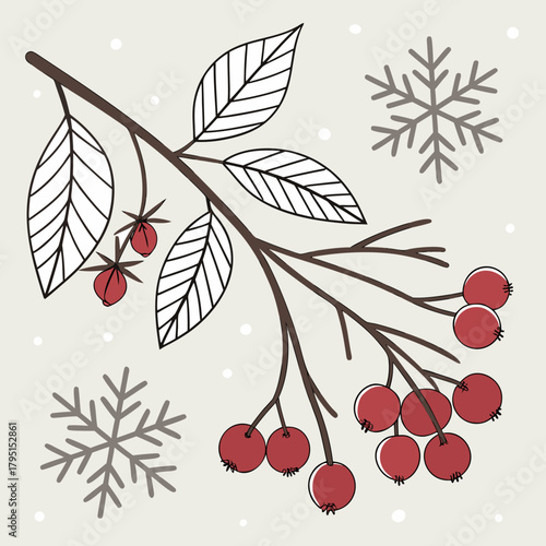 A wintery composition featuring branches with leaves and berries, accompanied by snowflakes, , evoking the tranquility of a snowy landscape