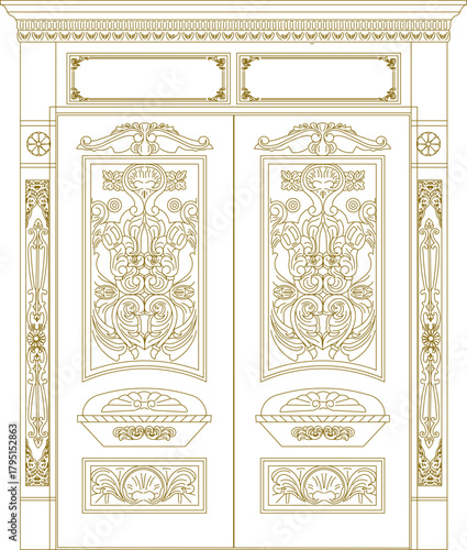 Vector sketch illustration silhouette of a classic, vintage, ethnic, traditional carved teak wood door design