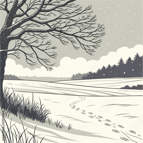 A tranquil winter scene features a solitary tree standing beside a snowcovered field, with faint footprints leading into the distance, under a cloudy sky, capturing the essence of winter