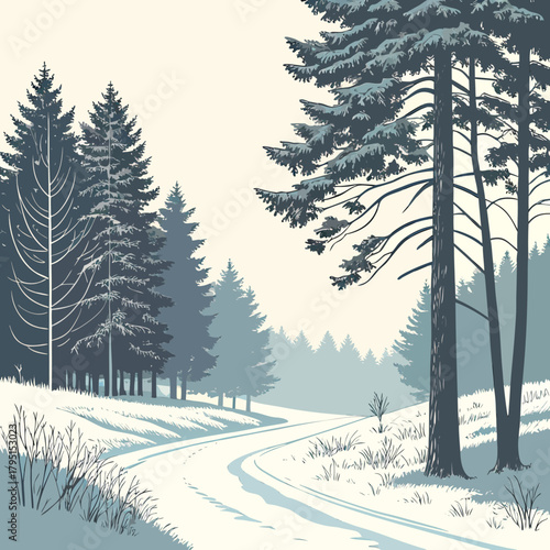 A serene winter landscape unfolds with a winding road cutting through the snowcovered ground, flanked by majestic pine trees under a soft, muted sky, evoking a sense of tranquility