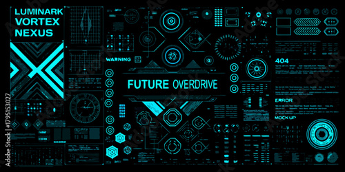 Futuristic digital interface with glowing cyan hud elements and data visualizations on a dark background