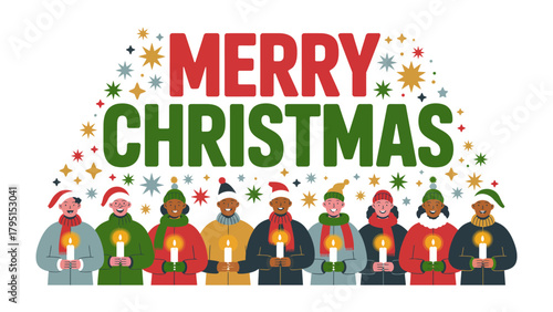 Christmas Carolers: A heartwarming illustration of a diverse group of carolers, each holding a candle, gather to sing Christmas carols, embodying the spirit of unity and festive joy.