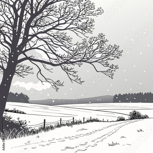 A serene winter landscape showcases a bare tree overlooking a snowcovered field, with subtle footprints leading into the distance, under a gentle snowfall, evoking a sense of peace