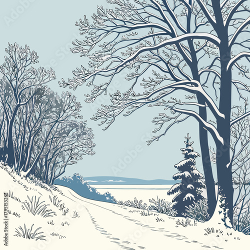 A serene winter landscape unfolds with snowladen trees lining a winding path, leading towards a tranquil lake under a soft, overcast sky, evoking a sense of peaceful solitude and natural beauty