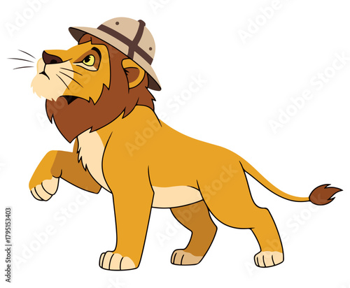 Adventurous lion explorer dons a safari hat, ready for discovery.