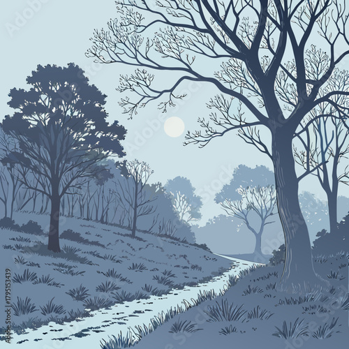 A tranquil winter scene captures a winding path through a snowcovered forest, with bare trees reaching towards the sky under the soft glow of the moon, creating a peaceful atmosphere