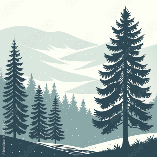 A serene winter landscape unfolds with snowdusted evergreen trees standing tall against a backdrop of rolling hills, evoking a sense of tranquility and natural beauty in a minimalist style