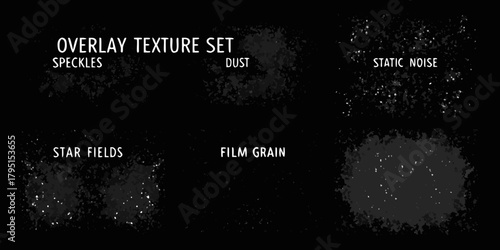 Collection of five distinct overlay texture elements including speckles dust static noise star fields and film grain