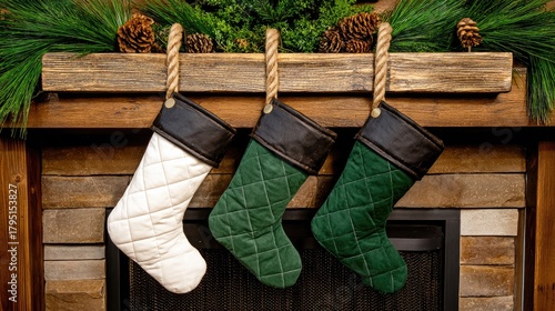 three christmas stockings, white and green, with a rustic wooden hanger hanging on the fireplace mantle