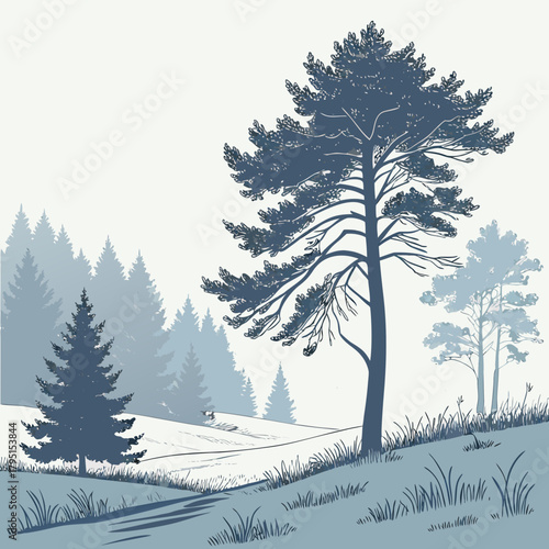 A tranquil winter scene features a lone pine tree standing tall on a snowcovered hill, with a path leading towards a distant forest under a soft, muted sky