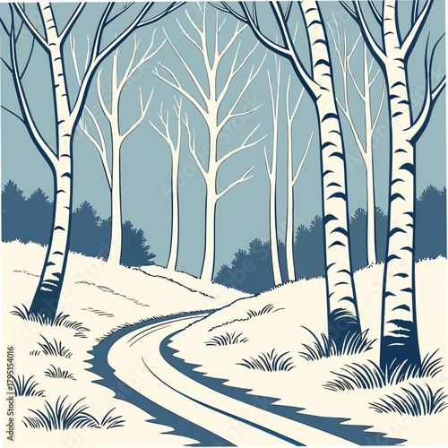 A captivating winter landscape presents a winding path through pristine snow, framed by graceful birch trees with their striking white bark, evoking a sense of tranquility and natural beauty