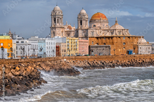 Cadiz, Spain. Ancient historic city on the Atlantic Ocean. Santa Cruz Cathedral. Travel and tourism in beautiful cities of Spain